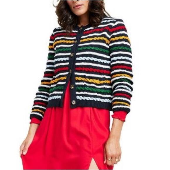 1X 🔖 LA LIGNE x Target Women's Textured Striped Cardigan Sweater Navy Red - Picture 4 of 16